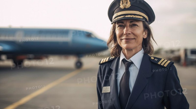 Proud middle-aged female airline pilot in her uniform in front of her passenger airplane on the tarmac