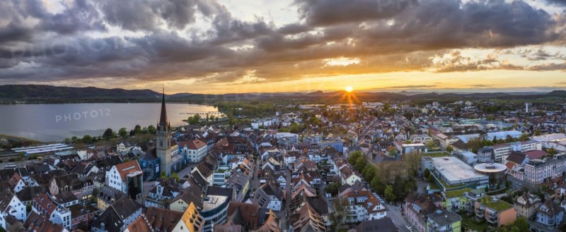 Aerial view of the town of Radolfzell on Lake Constance at sunset
