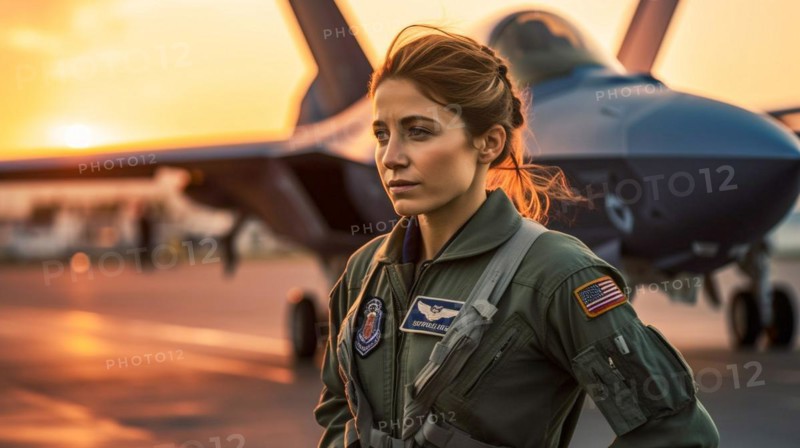 Proud young adult female air force fighter pilot in front of her lockheed martin F-35 lightning II combat aircraft on the tarmac