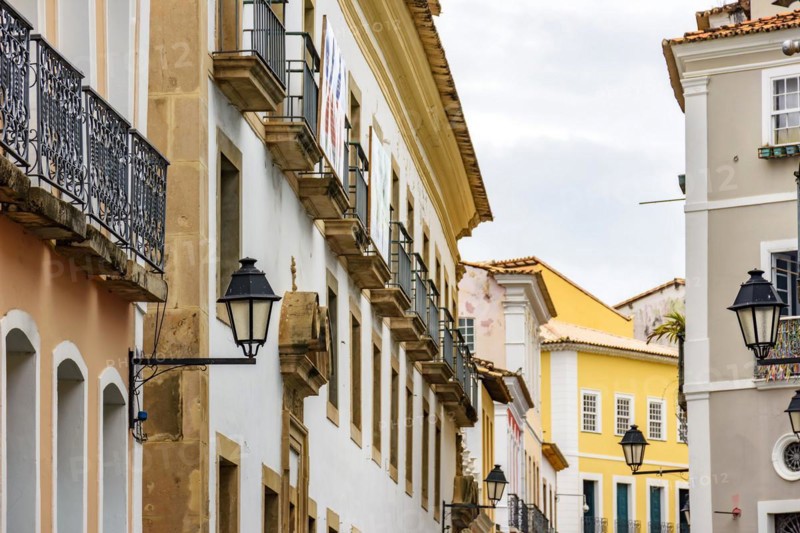 Old houses with balconies and lanterns in colonial style on the streets of Pelourinho in the city of Salvador