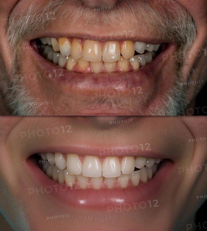 Middle-aged man showing his beautiful before and after teeth dental work and whitening smile