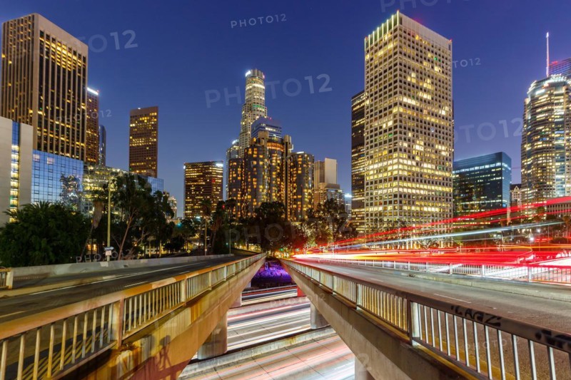 Downtown Los Angeles skyline with skyscrapers in the evening in Los Angeles