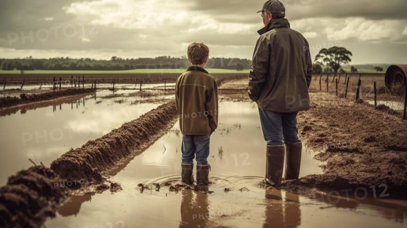 Distressed farming father and son look over their flooded farmland
