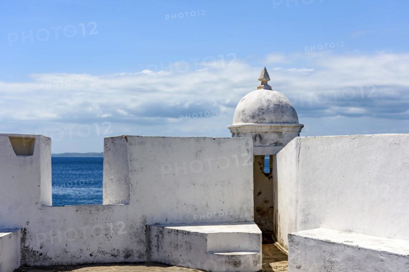 Walls and guardhouses of an old colonial fortress that was responsible for the defense of the city of Salvador in Bahia
