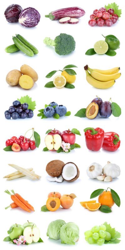 Fruit and vegetables fresh fruits collage with apple orange tomatoes lettuce lemons exempted isolated in Stuttgart