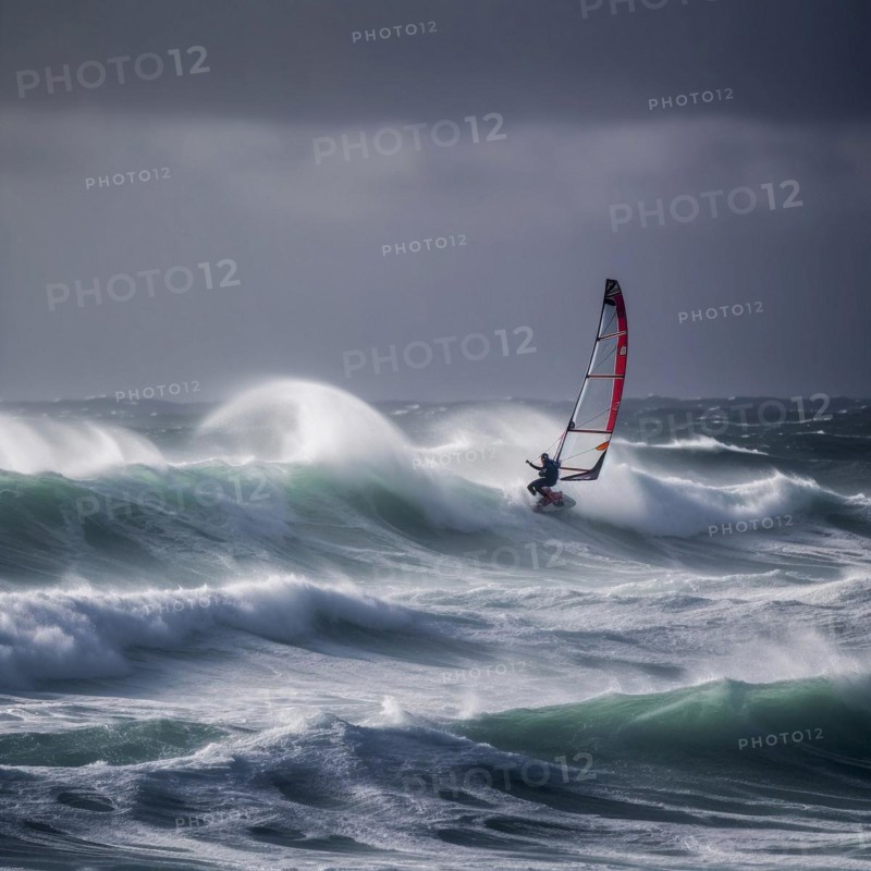 Windsurfer in stormy sea and wind