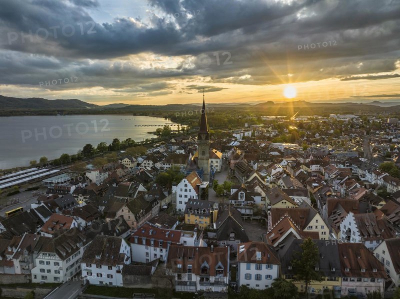 Aerial view of the town of Radolfzell on Lake Constance shortly in front of sunset