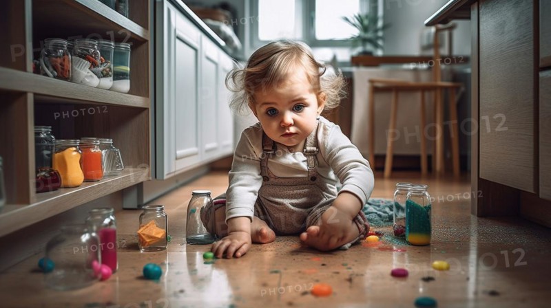 A young toddler on the floor of the kitchen or bathroom has found various cleaning and other chemicals in an unsecured cabinet at home