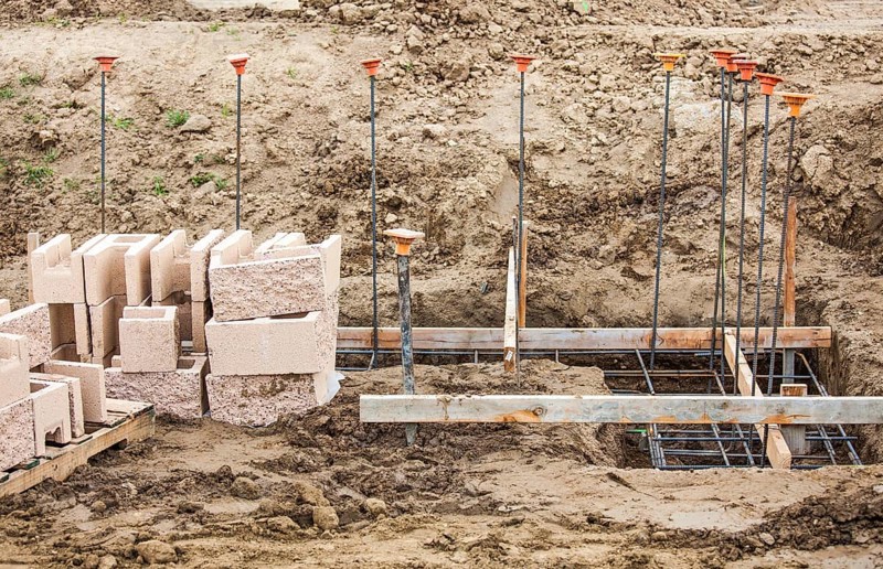 Details of a construction site with concrete blocks and rebar