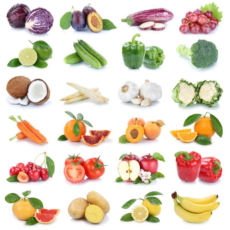 Fruit and vegetables fresh fruit collage with apple orange tomato lettuce square cut-out isolated in Stuttgart