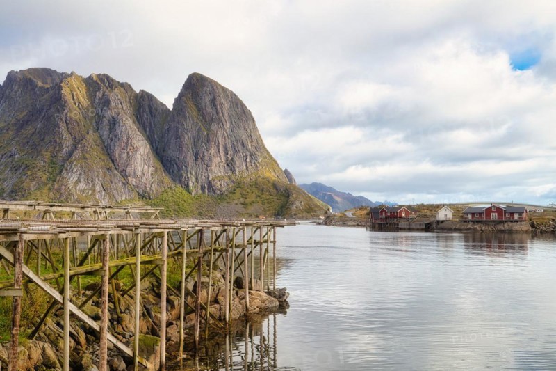Drying racks for fish and traditional red rorbuer huts in the fishing village of Reine