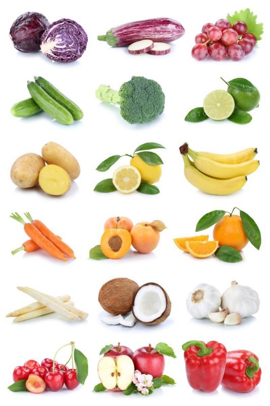 Fruit and vegetables fresh fruit collage with apple orange tomato lettuce cut-out isolated in Stuttgart