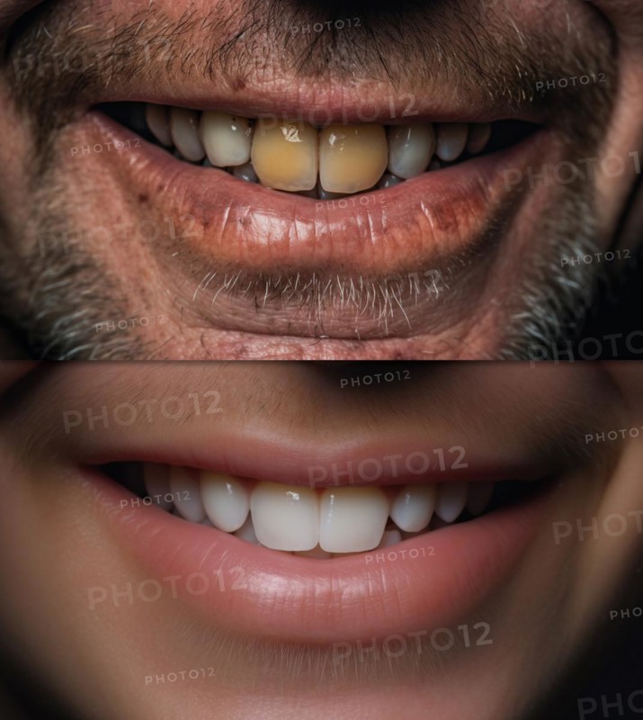 Middle-aged man showing his beautiful before and after teeth dental work and whitening smile