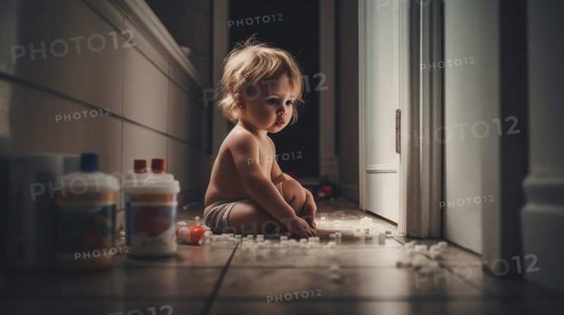 A young toddler has found some prescription pills at home