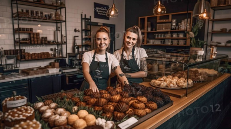 Proud young adult female partners at the counter of their new bakery shop in europe