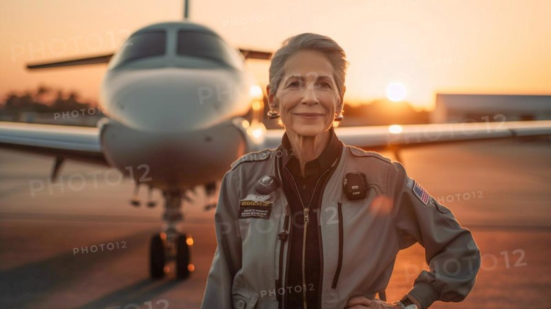 Proud young adult female airline pilot in front of her private executive jet on the tarmac