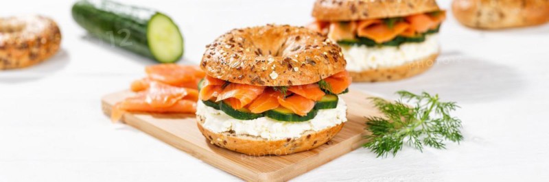 Bagel sandwich for breakfast topped with salmon fish Panorama in Stuttgart