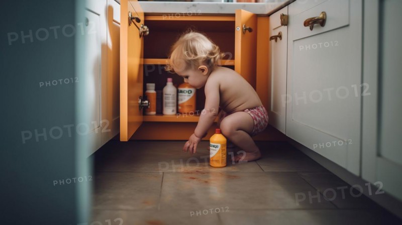 A young toddler on the floor of the kitchen or bathroom has found various cleaning and other chemicals in an unsecured cabinet at home