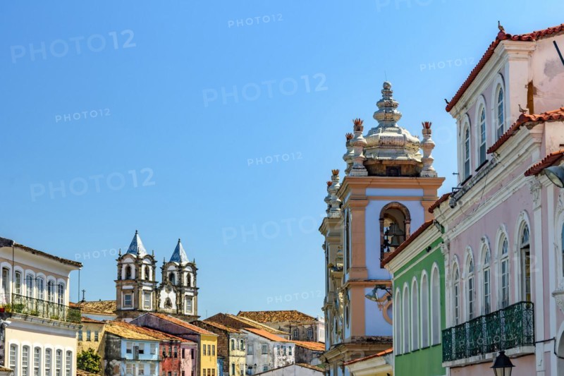 Colorful facades and historic church towers in baroque and colonial style in the famous Pelourinho neighborhood of Salvador
