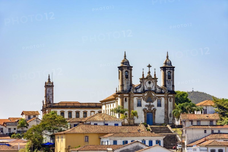 Bottom view of the historic center of Ouro Preto city with its houses