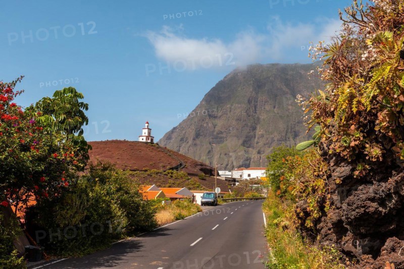 Road next to the Joapira bell tower above the parish church of Nuestra Senora de Candelaria in La Frontera on El Hierro