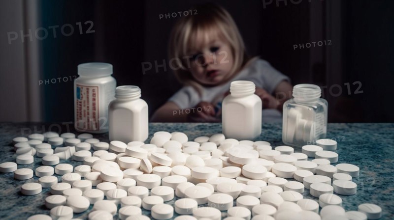 A young toddler has found some prescription pills at home
