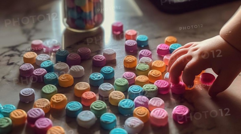 A young toddler is reaching for some rainbow fentanyl pills at home