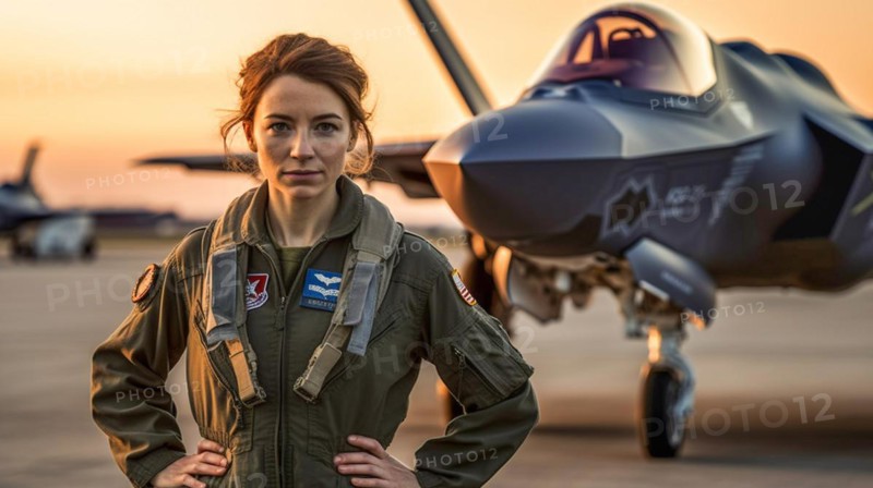 Proud young adult female air force fighter pilot in front of her lockheed martin F-35 lightning II combat aircraft on the tarmac
