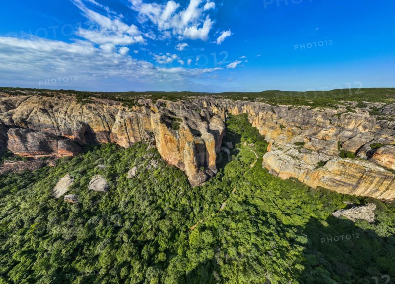 Aerial of the Sandstone cliffs in the Unesco site Serra da Capivara National Park