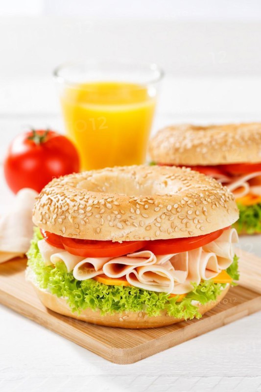 Bagel sandwich for breakfast topped with chicken ham in Stuttgart