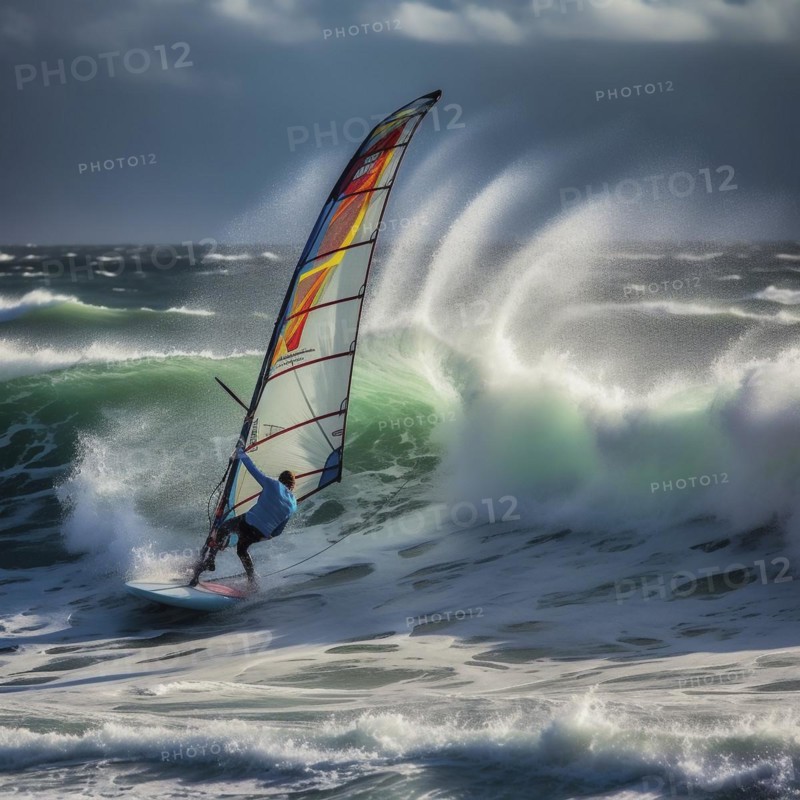 Windsurfer in stormy sea and wind