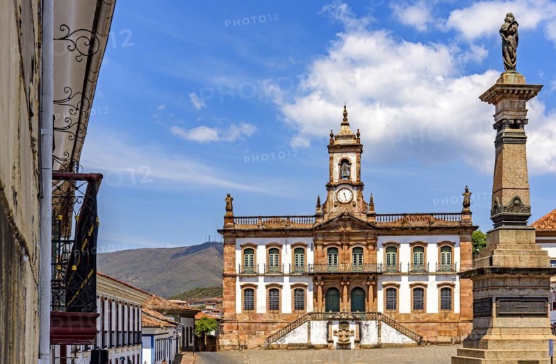 Ancient Ouro Preto central square with its historic buildings and monuments in 18th century Baroque and colonial architecture
