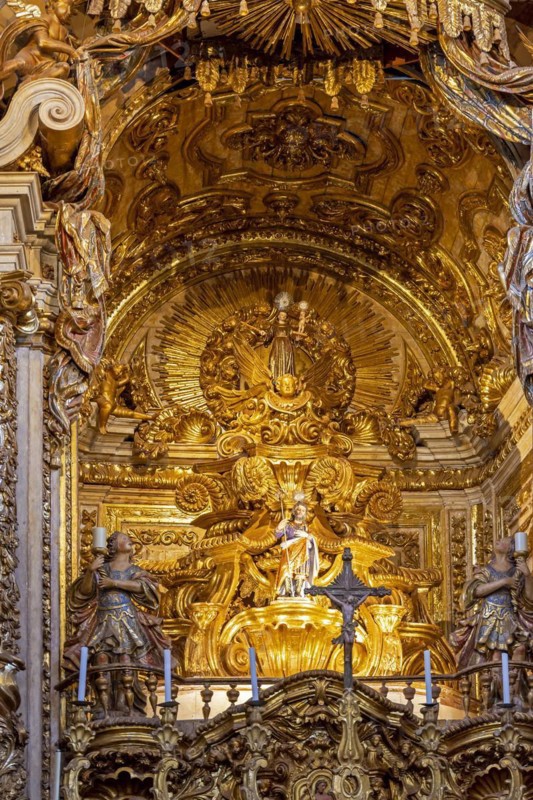 Interior and altar of historic church all painted in gold with baroque architecture in the old city of Tiradentes in Minas Gerais state