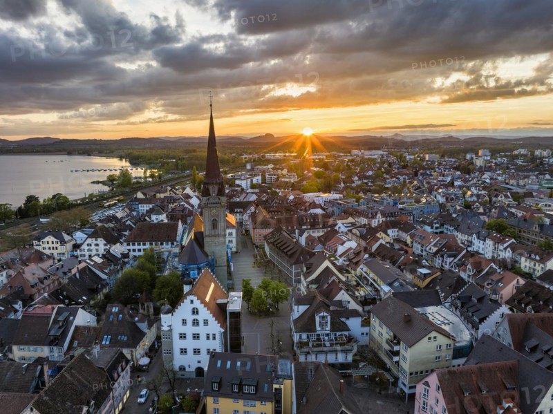 Aerial view of the town of Radolfzell on Lake Constance at sunset