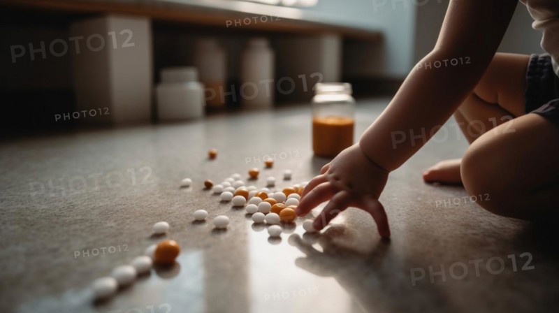 A young toddler has found some prescription pills at home