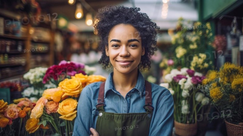 Proud young adult multi-ethnic female at the entrance of her quaint flower shop in europe