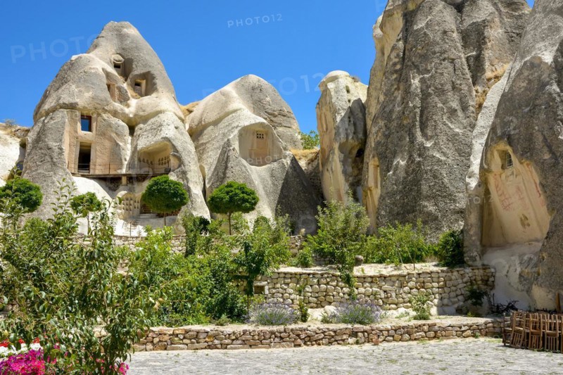 Houses built on the typical rocks of the Cappadocia region in Turkey