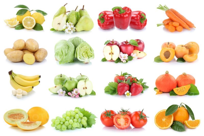 Fruit and vegetables Fruits with apple Orange Tomatoes as collage background cropped isolated in Stuttgart