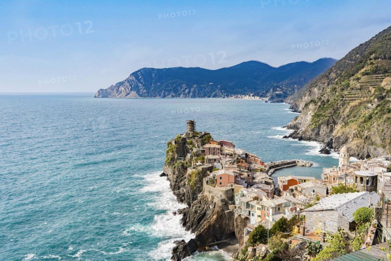 Scenic view of ocean and Vernazza village located in Cinque Terre