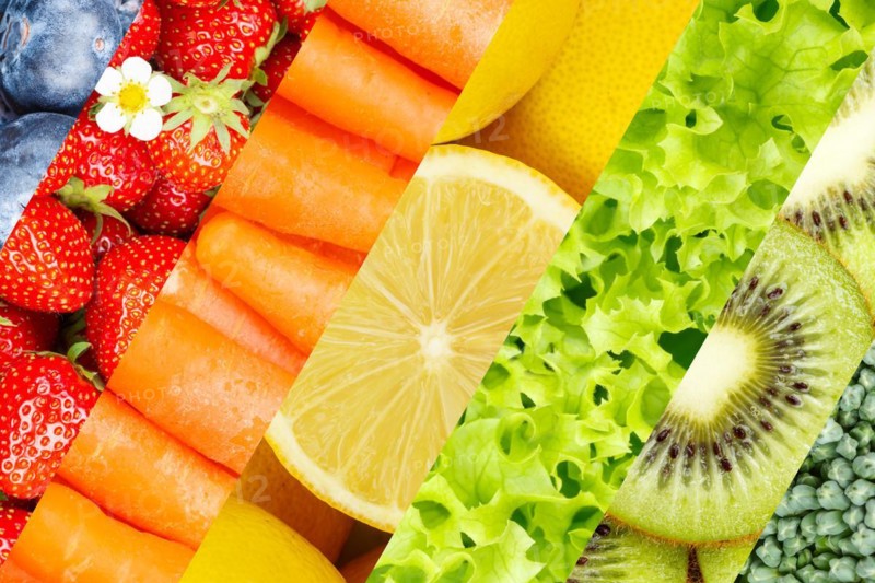 Fruit and vegetables background fresh fruit berries fruit as collage in Stuttgart