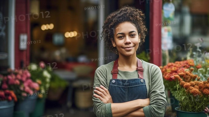 Proud young adult multi-ethnic female at the entrance of her quaint flower shop in europe