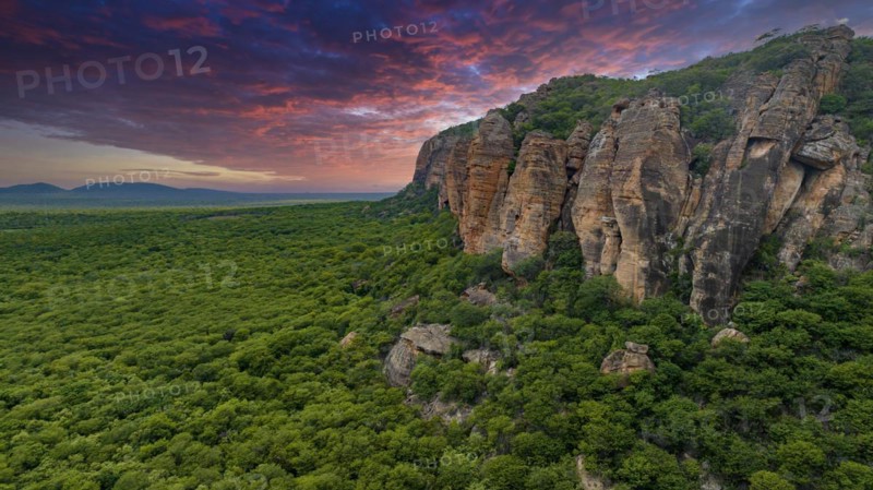 Aerial of the Sandstone cliffs in the Unesco site Serra da Capivara National Park