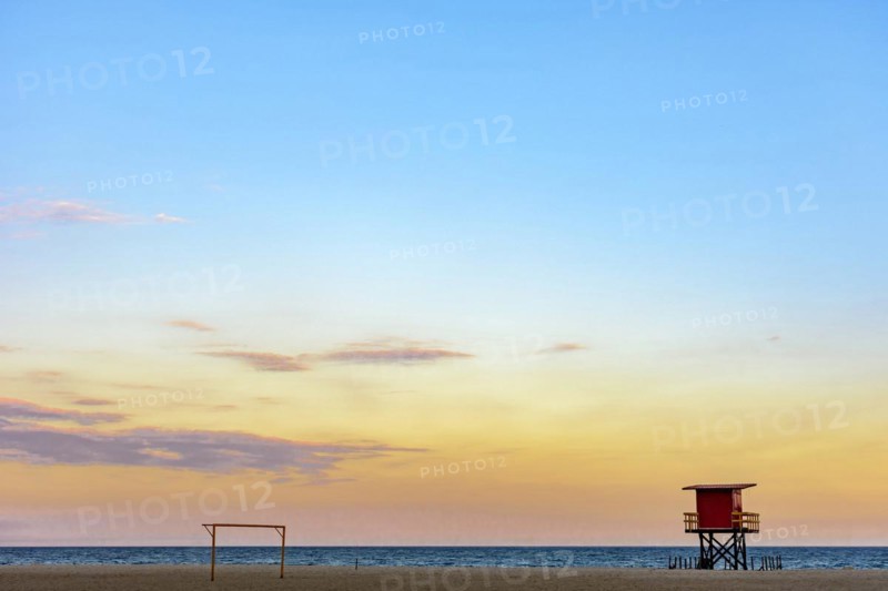 Rescue cabin on Copacabana beach at a tropical sunset on Rio de Janeiro city