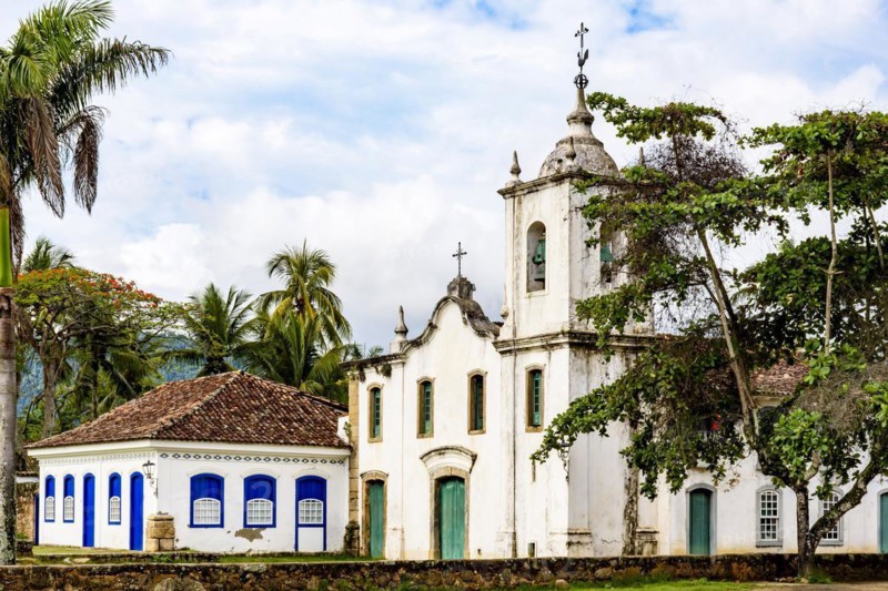 Famous churche between th vegetation in the ancient and historic city of Paraty on the south coast of the state of Rio de Janeiro founded in the 17th century