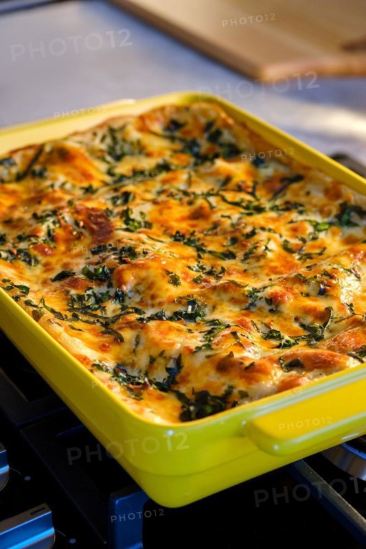 Traditional homemade lasagna in ceramic baking casserole
