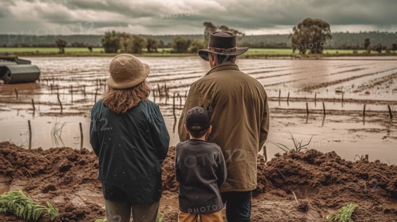 Distressed farming family look over their flooded farmland