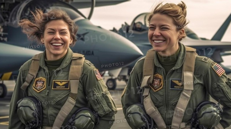 Two proud young adult female air force fighter pilots in front of their F-35 combat aircraft on the tarmac