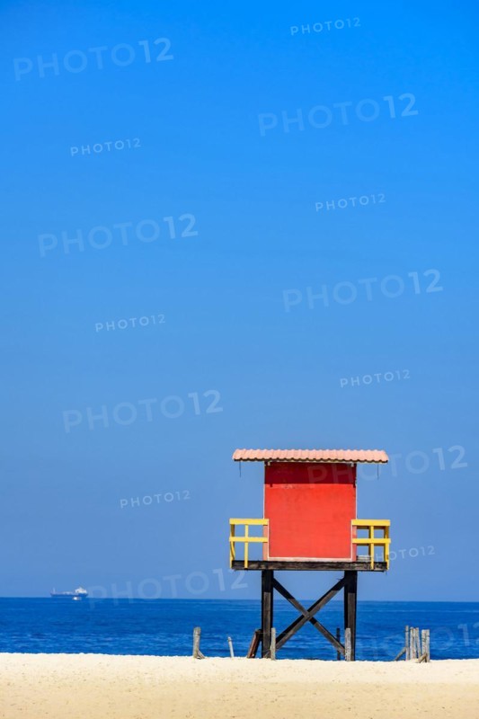 Rescue cabin on Copacabana beach on a sunny tropical day in the city of Rio de Janeiro