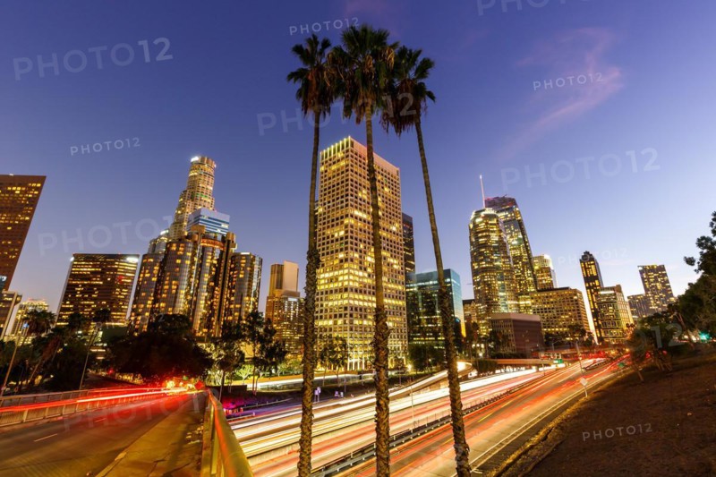 Downtown Los Angeles skyline with skyscrapers in the evening in Los Angeles