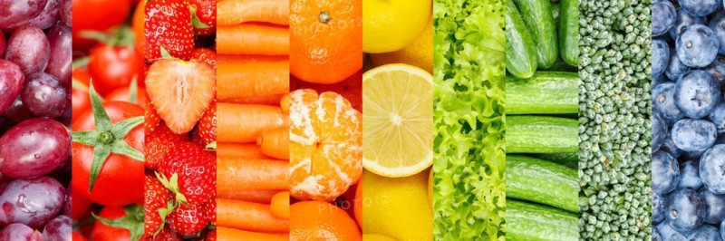 Fruit and vegetables background fresh fruits berries fruit salad panorama as collage in Stuttgart